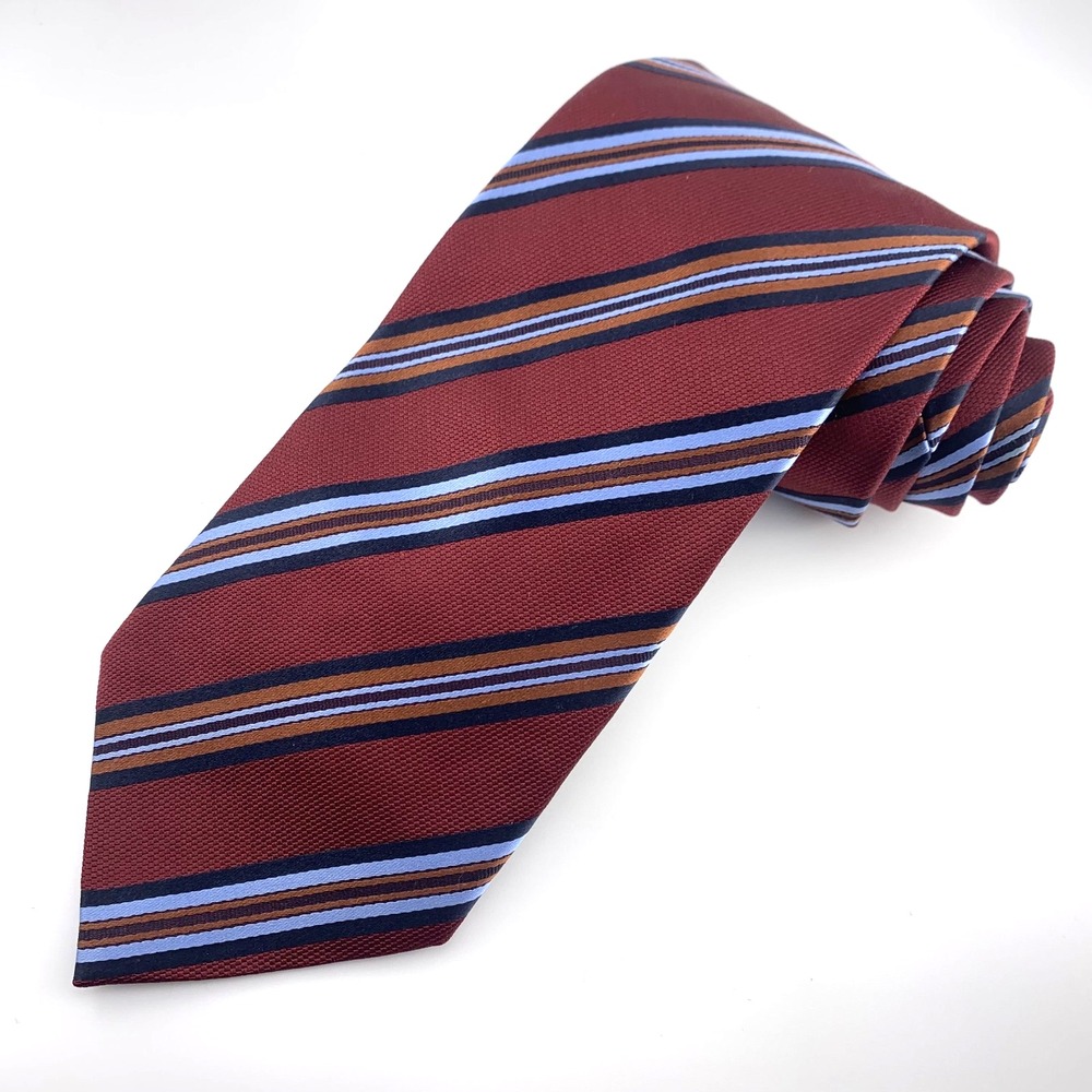 Ermenegildo Zegna Mens Tie Burgundy Blue Striped Repp 100% Silk Necktie